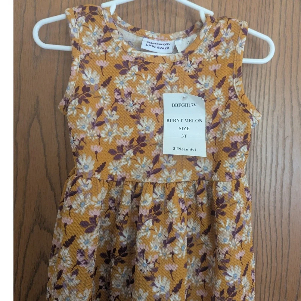 NWT Blueberi Boulevard Burnt Melon Mustard Floral Tiered Sleeveless Dress 3T